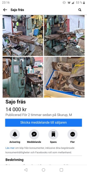 Bild på en begagnad Sajo fräs till salu för 14 000 kr, med flera närbilder på fräsmaskinen och dess delar, samt en låda med fräsverktyg och tillbehör.