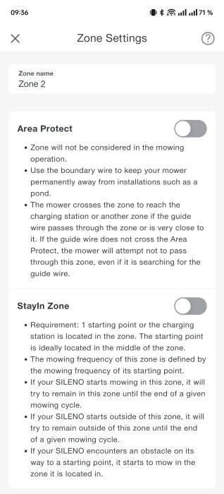 Skärmdump av inställningar för gräsklipparzoner inklusive "Area Protect" och "StayIn Zone" beskrivna i text.