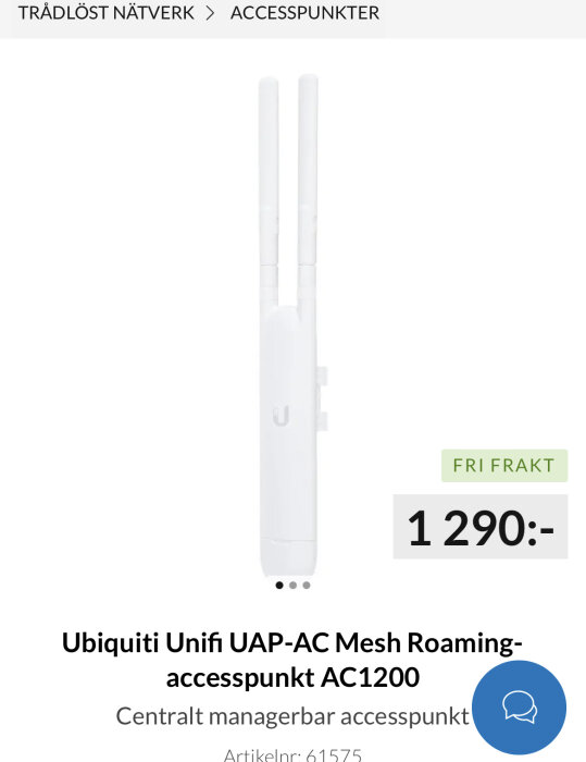 Ubiquiti Unifi UAP-AC Mesh Roaming-accesspunkt AC1200 med två antenner, pris 1 290 kronor, fri frakt och artikelnummer 61575.