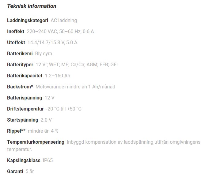 Teknisk information för en batteriladdare inklusive specifikationer som laddningskategori, effekt, uteffekt, batterikemi, batterityper och backström.