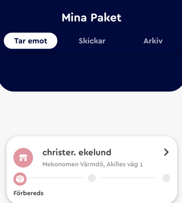 Skärmbild av en paketspårningsapp som visar information om ett paket som förbereds av Christer Ekelund vid Mekonomen Värmdö, Akilles väg 1.