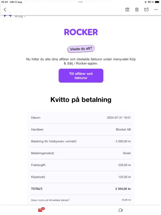 Digitalt kvitto från Rocker på Swish-betalning för en Emco Unimat 3 till Blocket AB. Beloppet är 3 354 kr, inkluderat frakt och köpskydd.