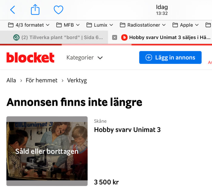 Blocket-annons för hobby svarv Unimat 3 som är såld eller borttagen, ursprungligt pris 3500 kr, annonskategorin "För hemmet > Verktyg", annons från Skåne.