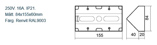 Ritning av Elko vägguttag med tekniska specifikationer, inklusive dimensioner 84x155x60 mm, 250V, 16A, IP21, och färgen Renvit RAL9003.