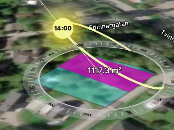 Satellitbild av en tomt uppdelad i två områden, ett lila (1117,3 m²) och ett blått, med en kompassros och solens position vid 14:00. Gator: Spinnargatan, Tvinnargatan.