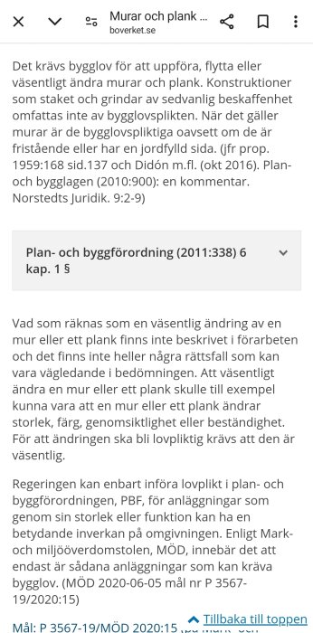 Skärmdump av boverket.se med information om bygglovsplikt för murar och plank enligt Plan- och byggförordningen (2011:338) 6 kap. 1 §.