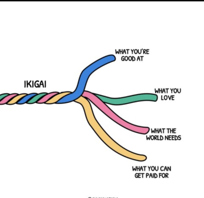 Diagram över ikigai med fyra färgade trådar markerade som "vad du är bra på", "vad du älskar", "vad världen behöver" och "vad du kan få betalt för".