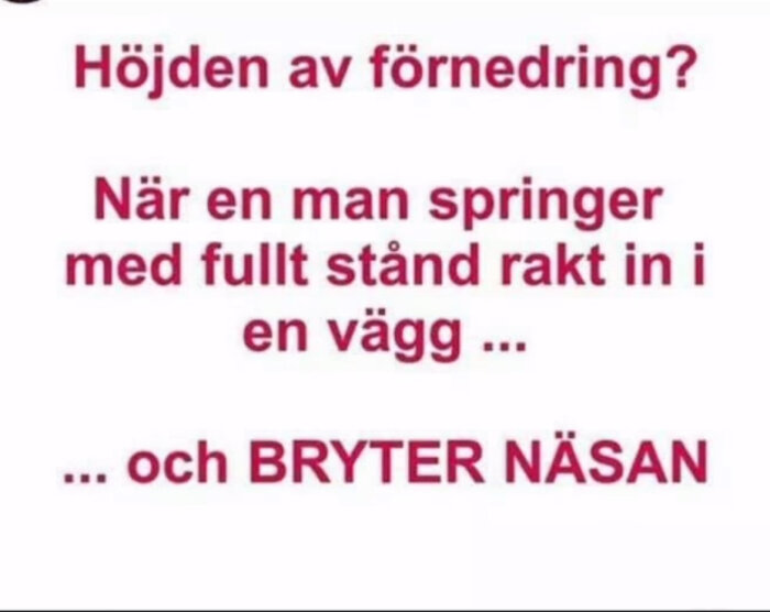 Höjden av förnedring? När en man springer med fullt stånd rakt in i en vägg... och BRYTER NÄSAN" står det i rosa text på vit bakgrund.