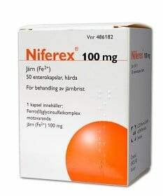 Förpackning med Niferex 100 mg järn, 50 enterokapslar, används för behandling av järnbrist.