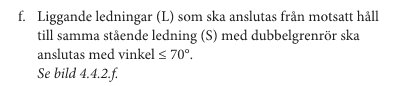 Utdrag från reglerna om VVS-installationer som säger att liggande ledningar (L) som ska anslutas till samma stående ledning (S) med dubbelgrenrör ska ha en vinkel på ≤ 70º.