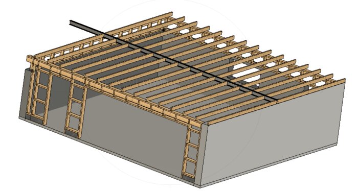 3D-rendering av en delvis uppbyggd garagekonstruktion med synliga bjälklag, trästomme och en central stålbalk över öppningen i ena änden.