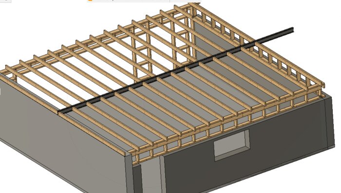 CAD-ritning som föreställer en trästomme för ett garage med dubbelport. En I-balk syns tvärs över stommen och kan användas för entresol.