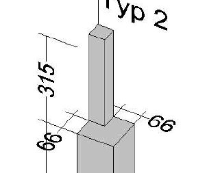 Illustration av en yttre hörnstolpe av Typ 2 för uterumsmontering. Visar dimensioner: 315 mm höjd, 66x66 mm bas, med hake i överkant.