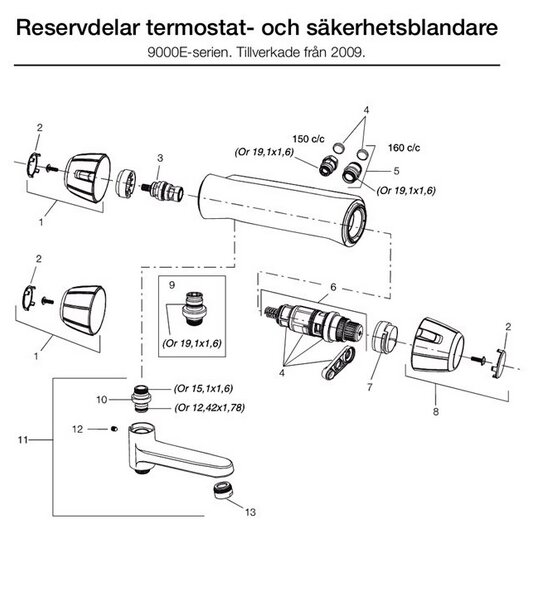 Exploderad vy av reservdelar för termostat- och säkerhetsblandare, inklusive O-ringar, handtag och anslutningar för 9000E-serien från 2009.