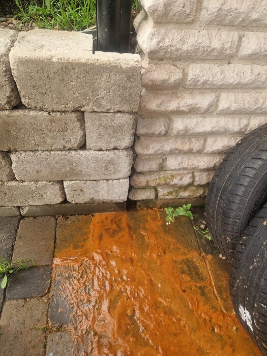 Läckage vid grundmur med brunfärgat vatten och sediment, troligen orsakat av regn. Murstenar, däck och grönska syns i omgivningen.