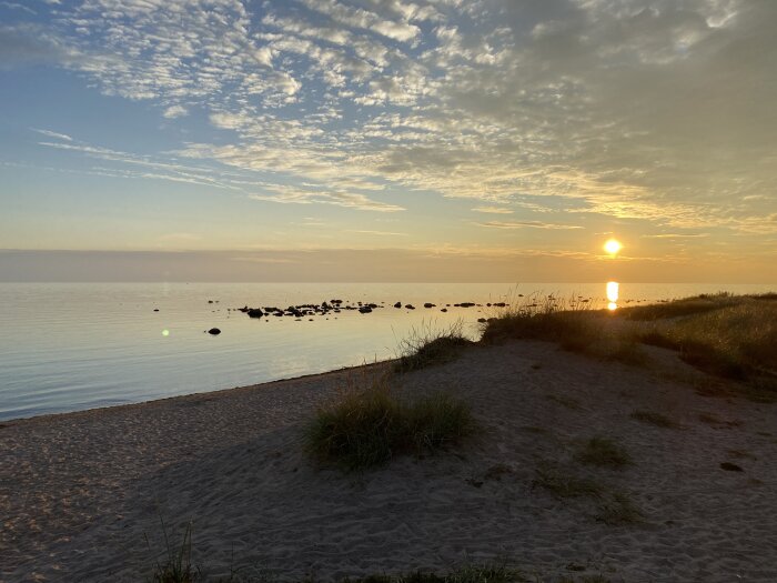 Solnedgång vid stranden med havsutsikt, stenar i vattnet och gräsbevuxna sanddyner i förgrunden. Himlen är delvis täckt av lätt molnighet.