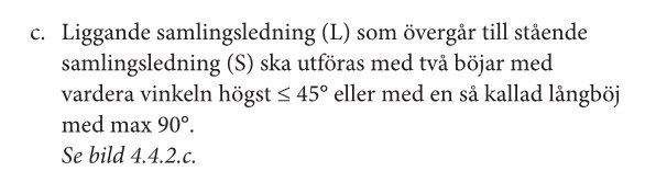 Text ur regelverk om att liggande samlingsledning ska övergå till stående samlingsledning med två böjar ≤ 45º eller en långböj max 90º.