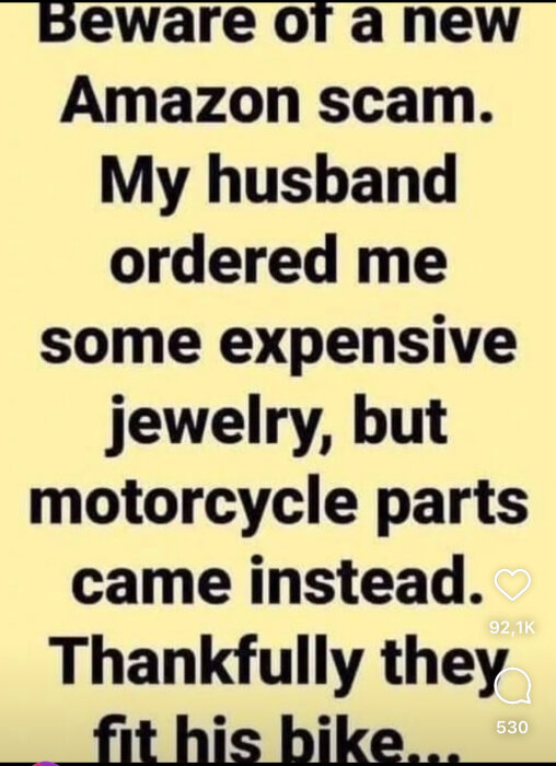 Varning för ny Amazon-bluff. "Min man beställde dyrbara smycken till mig, men motorcykeldelar kom istället. Tur att de passade hans motorcykel.