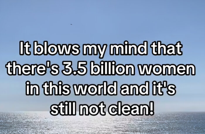 Kvinnofientligt meddelande på en bild av en solig strand: "It blows my mind that there's 3.5 billion women in this world and it's still not clean!