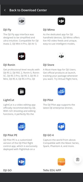 Översikt över olika DJI-appar: DJI Fly, DJI Mimo, DJI Ronin, DJI Store, LightCut, DJI Pilot, DJI Pilot PE, DJI GO 4, DJI GO och Tello EDU APP.