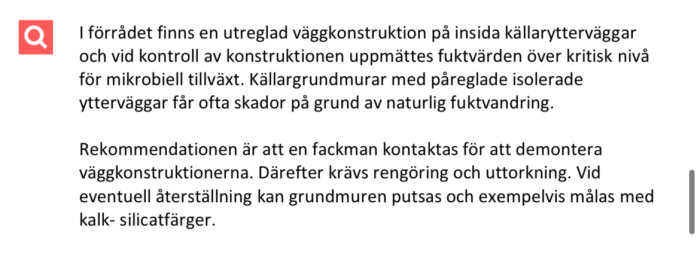 Skärmbild av text från Anticimex med rekommendationer för att åtgärda fuktproblem i en källargrundmur, inklusive sanering, uttorkning och eventuell målning.