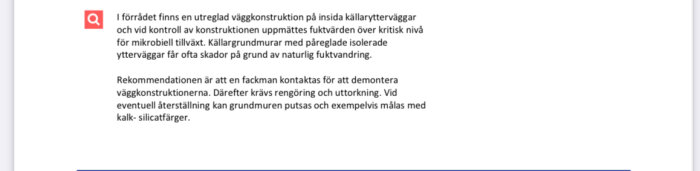 Text från Anticimex angående fuktproblem och rekommendationer för åtgärder i källaren, inklusive kontroll, rengöring och reparation av väggkonstruktioner.