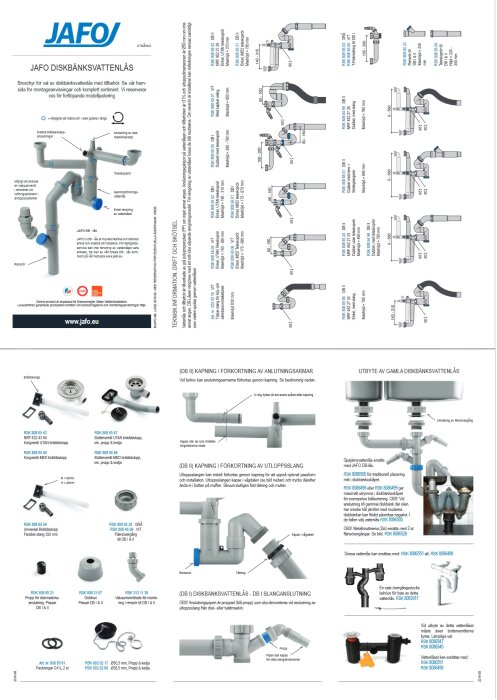 Bild av en broschyr från Jafo som visar delar och instruktioner för installation och utbyte av diskbänksvattenlås med modeller, RSK nummer och beskrivningar.