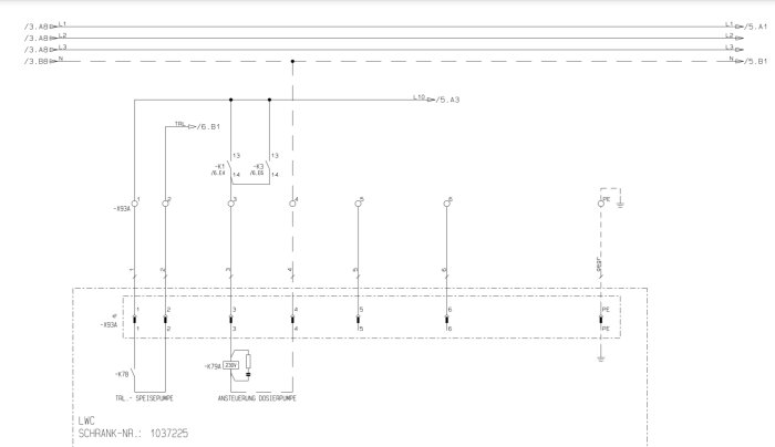 Elektriskt schema som visar hur en bygel har installerats för att simulera närvaro av vatten.