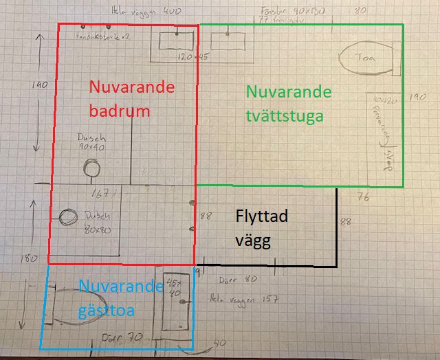 Handritad planlösning för badrumsrenovering med nuvarande badrum, tvättstuga och gästtoa markerade, samt en flyttad vägg enfasad på rutnätspapper.