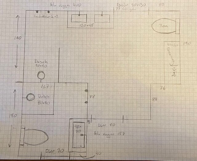 Handritad planlösning på rutigt papper som visar tidigare och tänkta placeringar av badrum, duschar och toalett i ett renoveringsprojekt hemma.