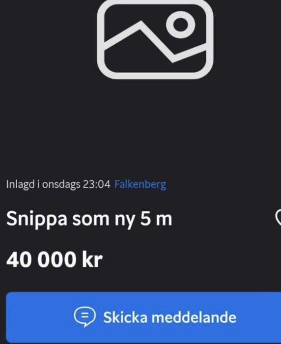 Hemsida med annonser, visar snippåbåt till salu för 40 000 kronor, 5 meter lång, inlagd i Falkenberg.