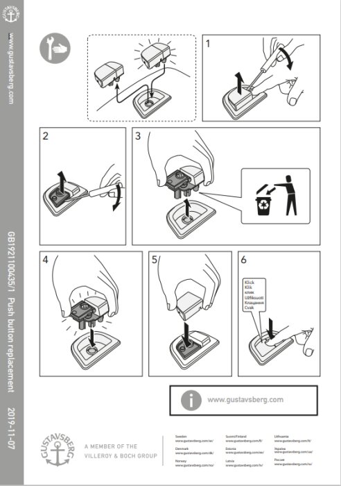 Instruktionsbild för byte av spolknapp på toalett från Gustavsberg, visar steg-för-steg hur man tar bort den gamla knappen och installerar en ny.