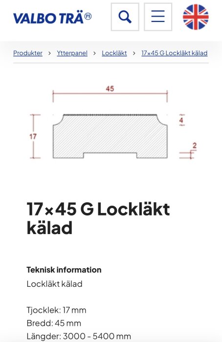 Måttsatt profilbild av 17x45 mm kälad lockläkt från Valbo Trä med teknisk information om tjocklek, bredd och längd.