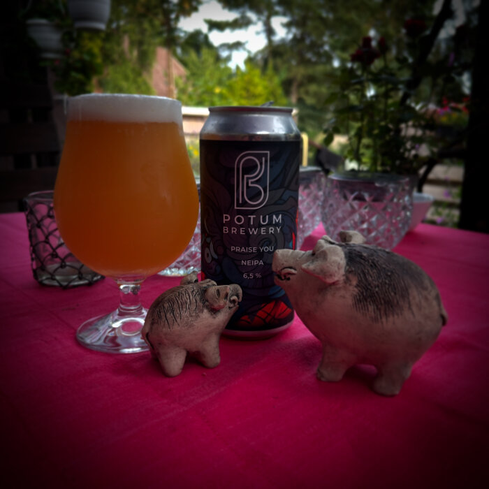 Ett glas oranget öl och en burk med Potum Brewery NEIPA står på ett bord med cerise duk, omgivna av två keramikfigurer föreställande grisar.