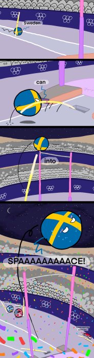 Tecknad bild av en boll med Sveriges flagga som stavhoppar högt över en arena och flyger ut i rymden, medan publikens bollar med olika flaggor ser imponerade ut.