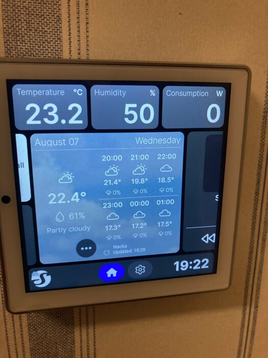 Digital väggskärm som visar väderprognos, temperatur, luftfuktighet och förbrukning. Temperaturen är 23,2°C och luftfuktigheten är 50%.