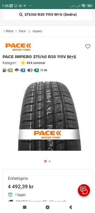 Pace Impero 275/60 R20 115V M+S däck för 4x4 bilar, lämpliga för alla väderförhållanden, inklusive vinter och sommar, visade med pris 4 492,39 kr.