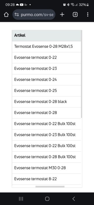 Lista över olika termostater från Evosense med specifikationer och bulk-alternativ.