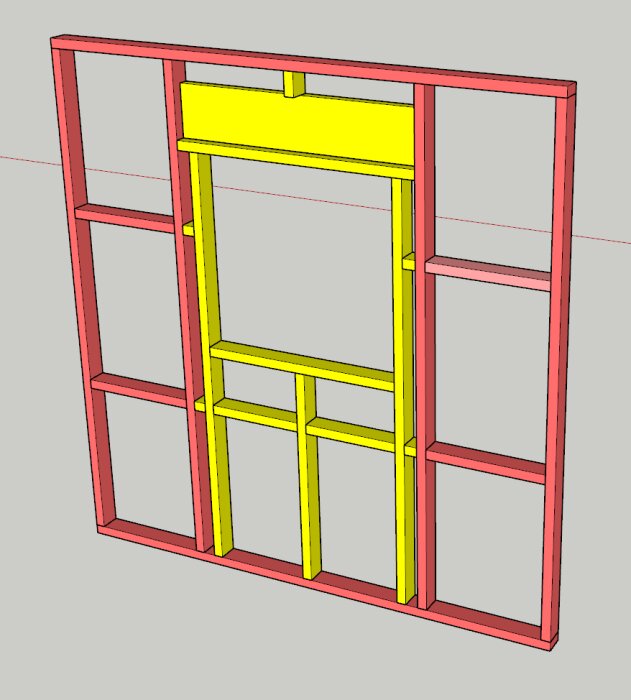 Ritning av en bärande ytterväggsram med fönsteröppning, stående väggreglar i 45x95 och en balk i 45x145 över fönstret.