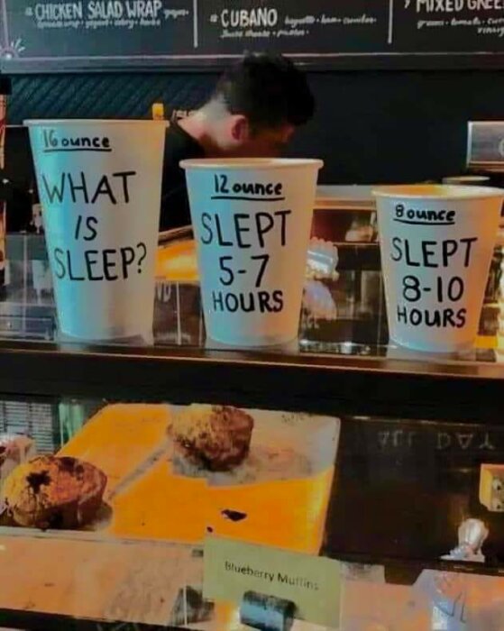 Tre kaffekoppar märkta med olika sömntider: 16 ounce "What is sleep?”, 12 ounce "Slept 5-7 hours" och 8 ounce "Slept 8-10 hours". Muffins visas nedanför.