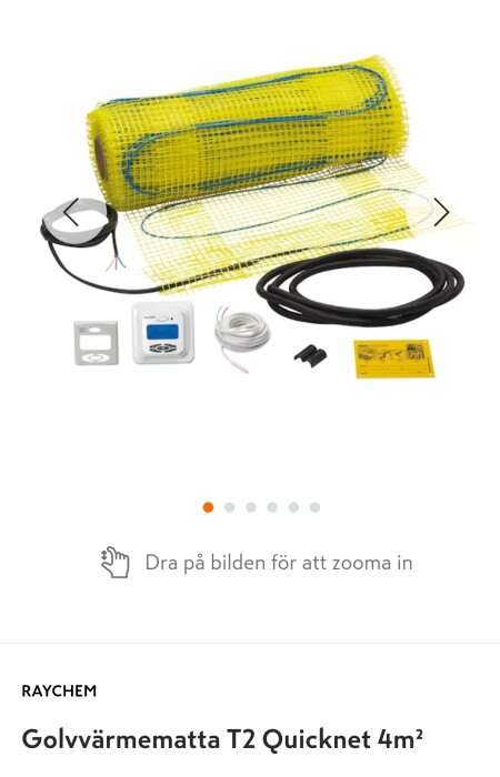 Gul golvvärmematta Raychem T2 Quicknet 4m² med tillbehör inklusive termostat, kablar och monteringsinstruktioner.