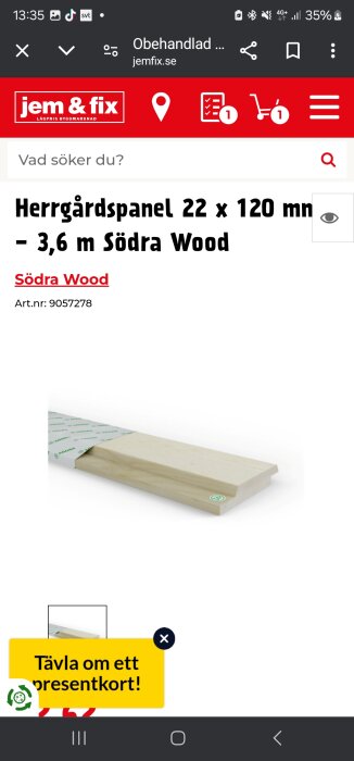 Bild av produktbeskrivningen för Herrgårdspanel 22 x 120 mm från Södra Wood på jem&fix hemsida, inklusive en bild av panelen i vitt utförande.