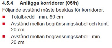 Manuellsida som beskriver avståndsregler för anläggning av korridor, inklusive minimibredd på 60 cm och avstånd på 20 cm mellan begränsningskabel och kant.