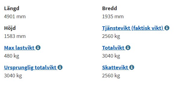 Fordonsspecifikationer: längd 4901 mm, bredd 1935 mm, höjd 1583 mm, max lastvikt 480 kg, ursprunglig totalvikt 3040 kg, tjänstevikt 2560 kg, totalvikt 3040 kg, skattevikt 2560 kg.