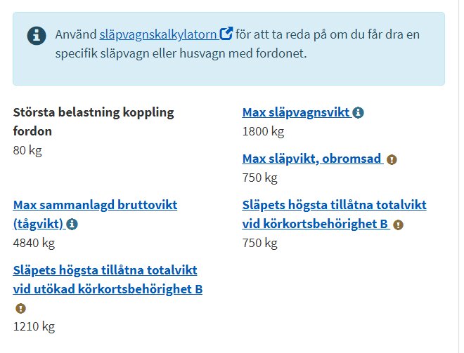 Information om maximala släpvagnsvikter och gränser för olika körkortskategorier.