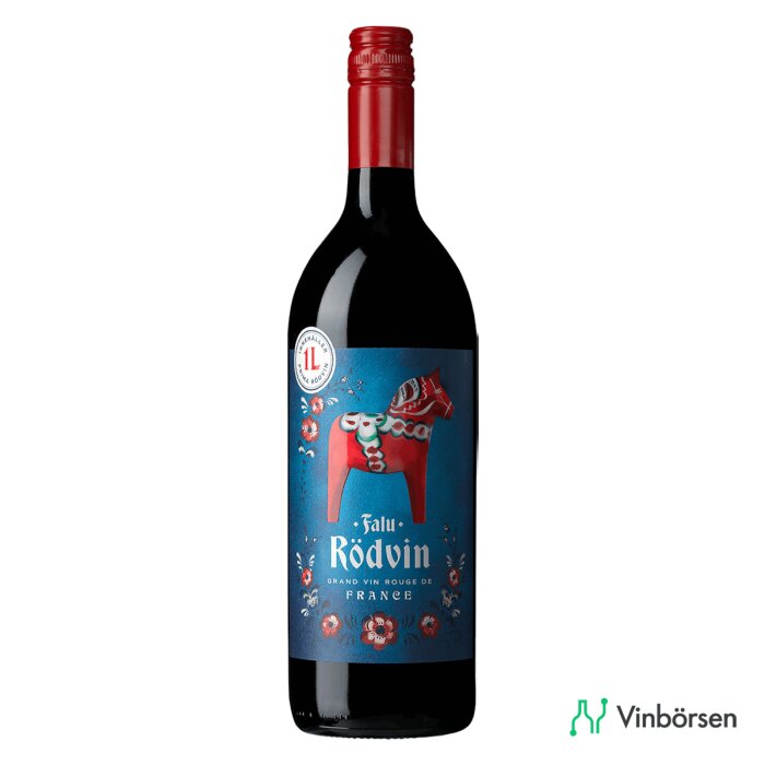 En flaska Falu Rödvin, Grand Vin Rouge de France, 1 liter, med en etikett föreställande en röd dalahäst och blommor.