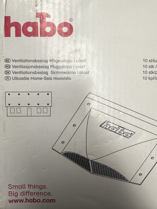 Förpackning av Habo ventilationsbeslag mögelstopp i plast, med illustration av produkten och märkningen "Small things. Big difference.