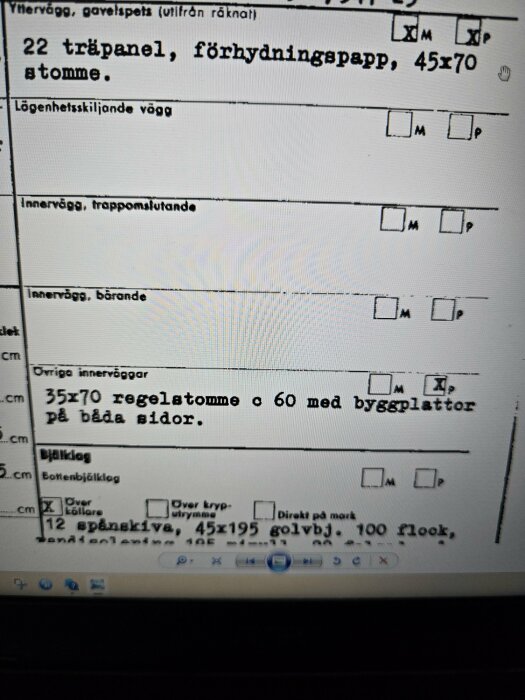 Fotografi av en teknisk beskrivning som listar specifikationer för en byggnads olika väggar och bjälklag, med fokus på dimensioner och material.