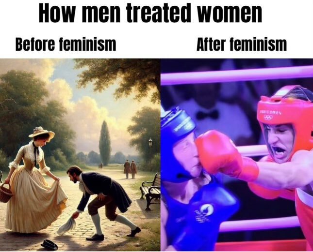 Montage med två bilder: en man bugar och lägger ut sin rock för en kvinna ("Before feminism") och två boxare i match där en kvinna slår en man ("After feminism").