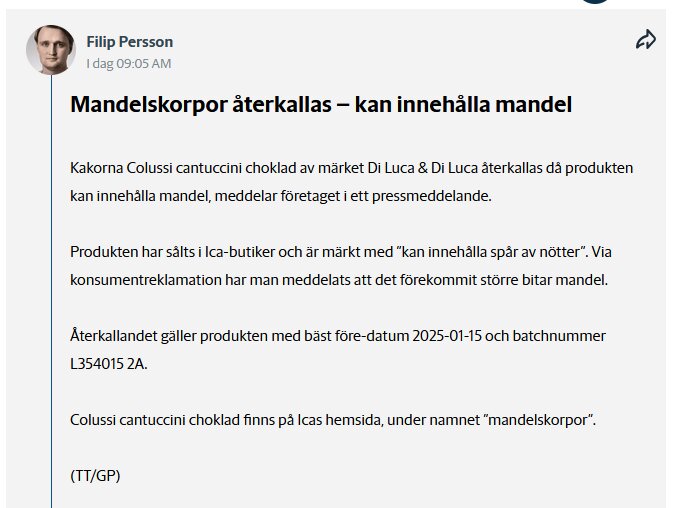 En skärmdump av ett inlägg på ett forum där användaren Filip Persson delar nyheter om att mandelskorpor återkallas då de kan innehålla bitar av mandel.